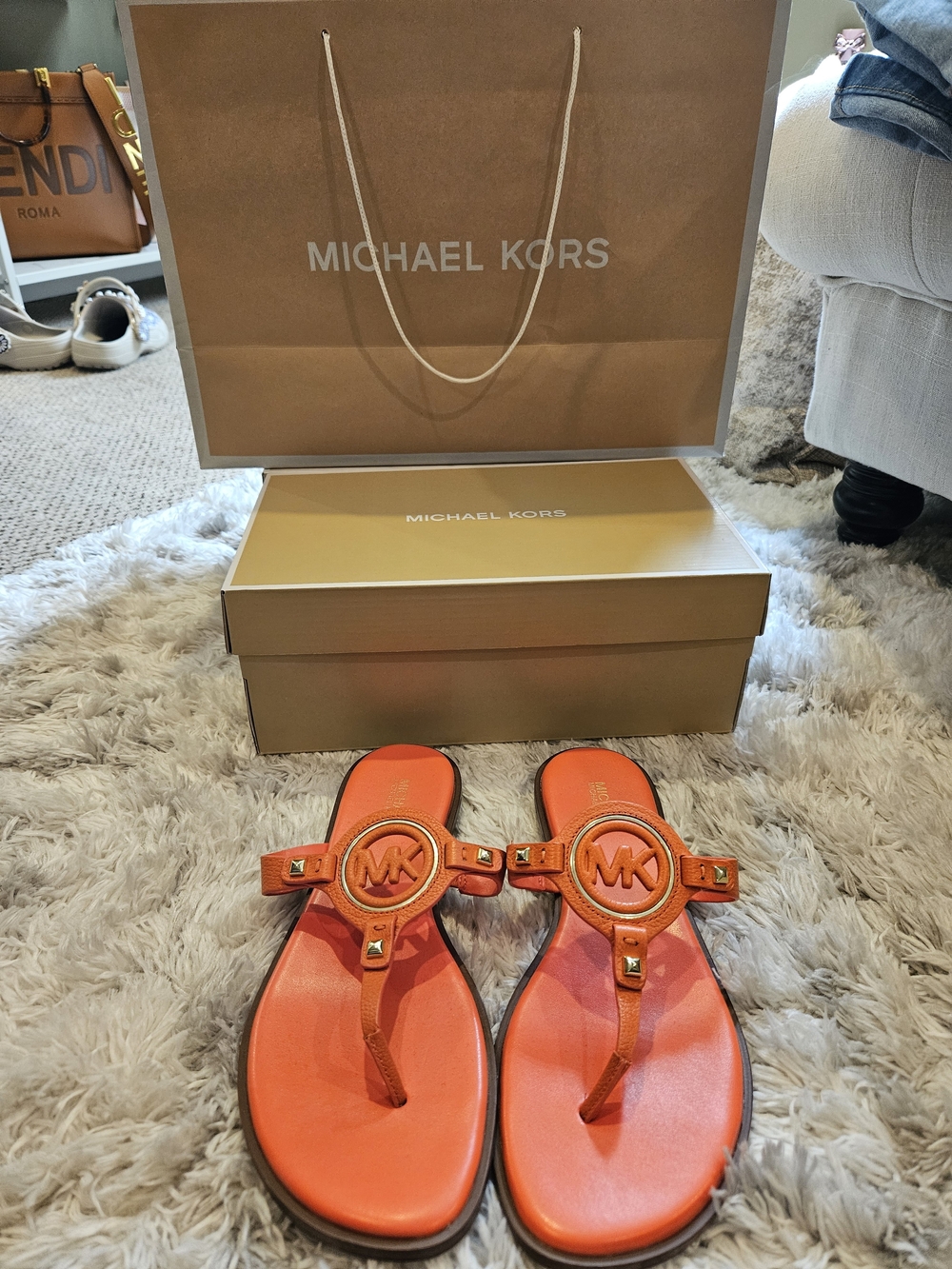 Michael Kors "Aubrey" MK Cutout Sandals with Gold Studs